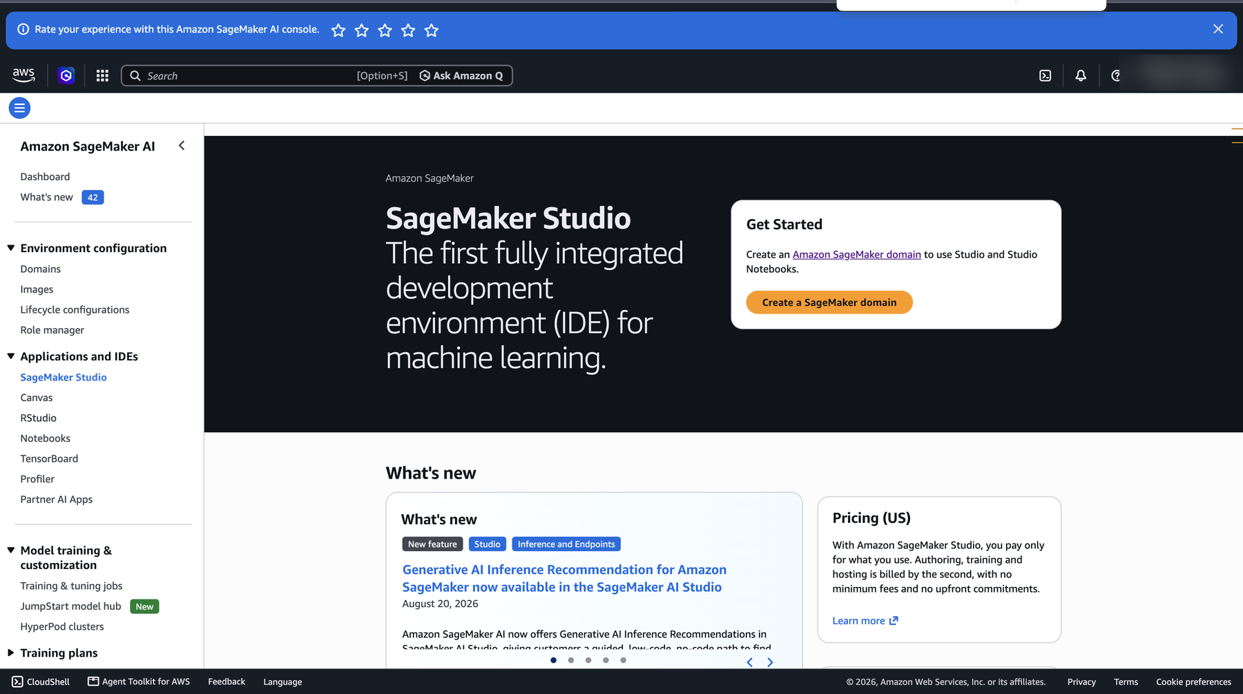 Amazon SageMaker AI console with SageMaker Studio selected in the left menu and a Get Started box containing the Create a SageMaker domain button.