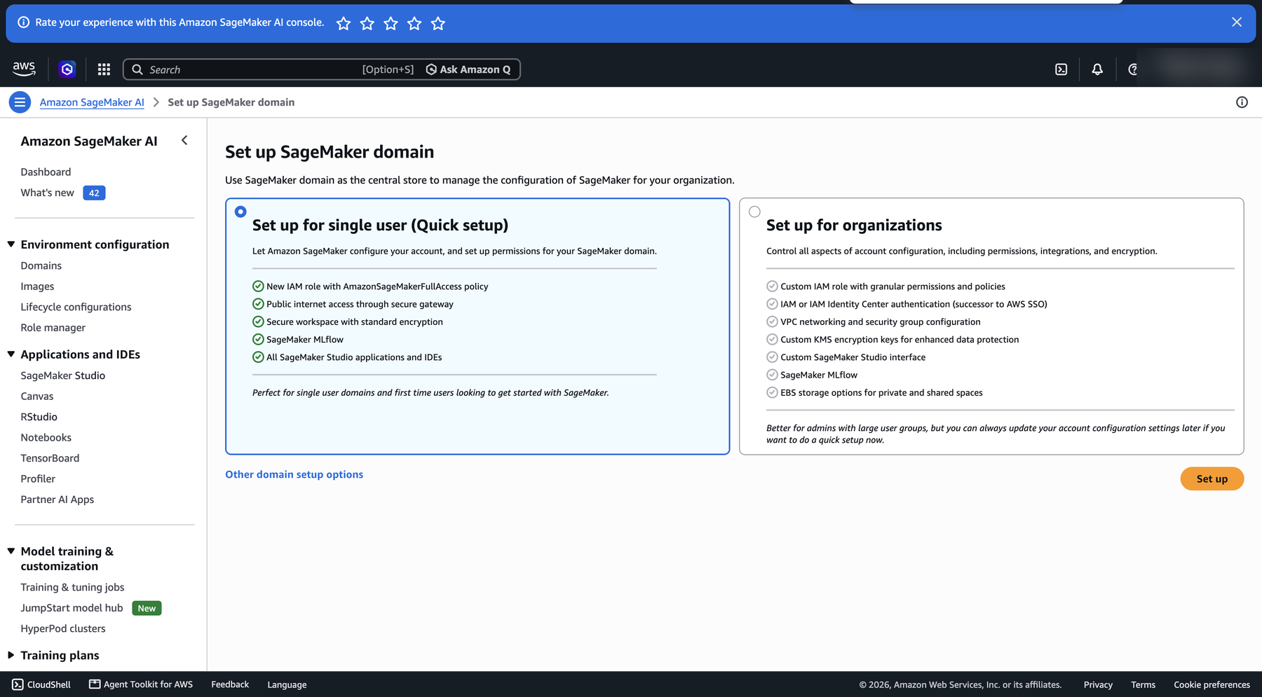 Set up SageMaker domain page with two cards, Set up for single user Quick setup selected, and an orange Set up button.