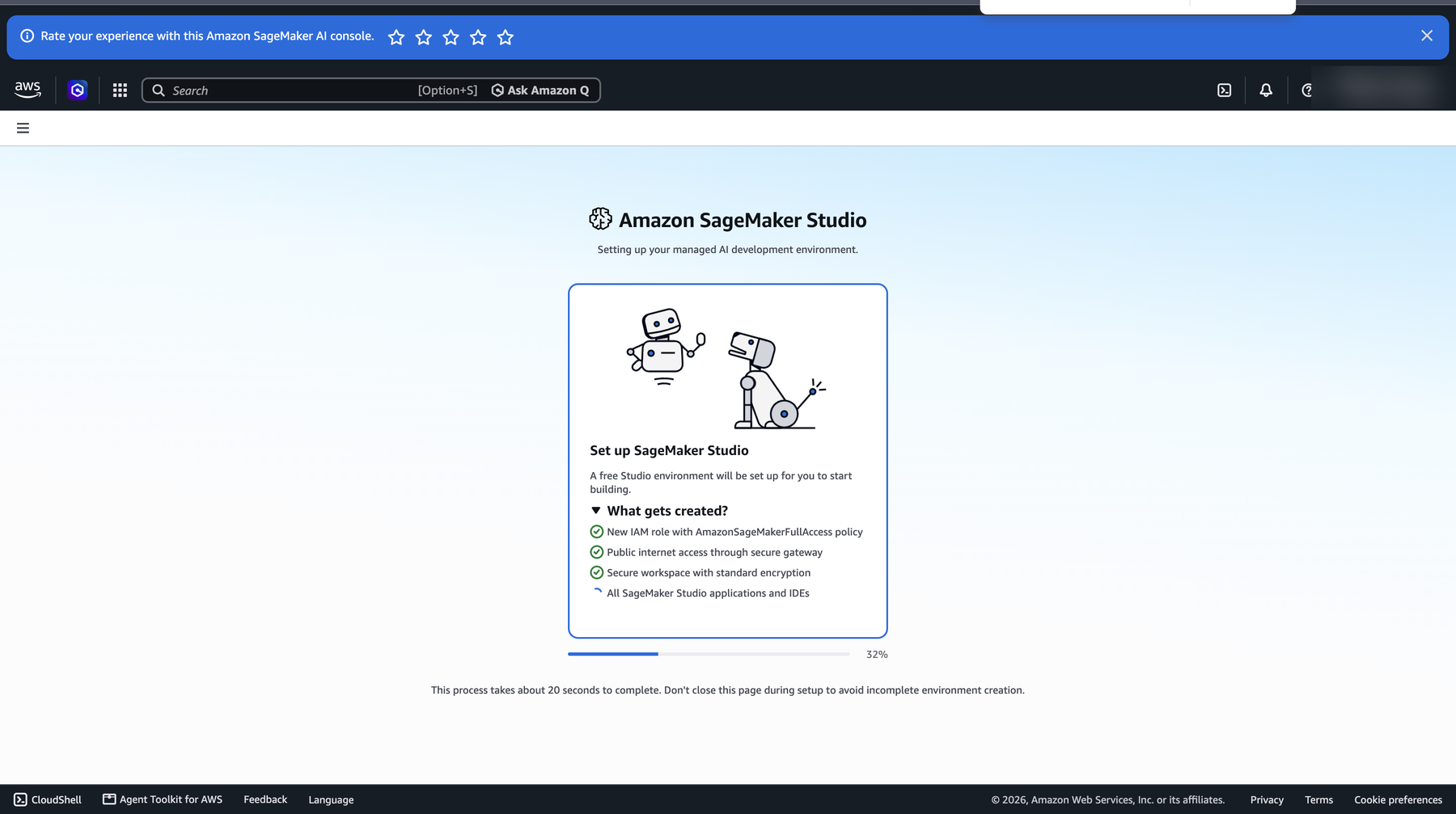 Amazon SageMaker Studio setup page listing what gets created, with a progress bar at 32 percent.