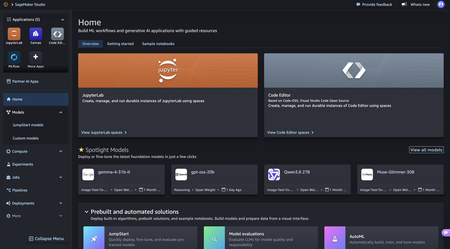 SageMaker Studio Home page with Applications tiles for JupyterLab, Canvas, Code Editor and MLflow, and a large JupyterLab card.
