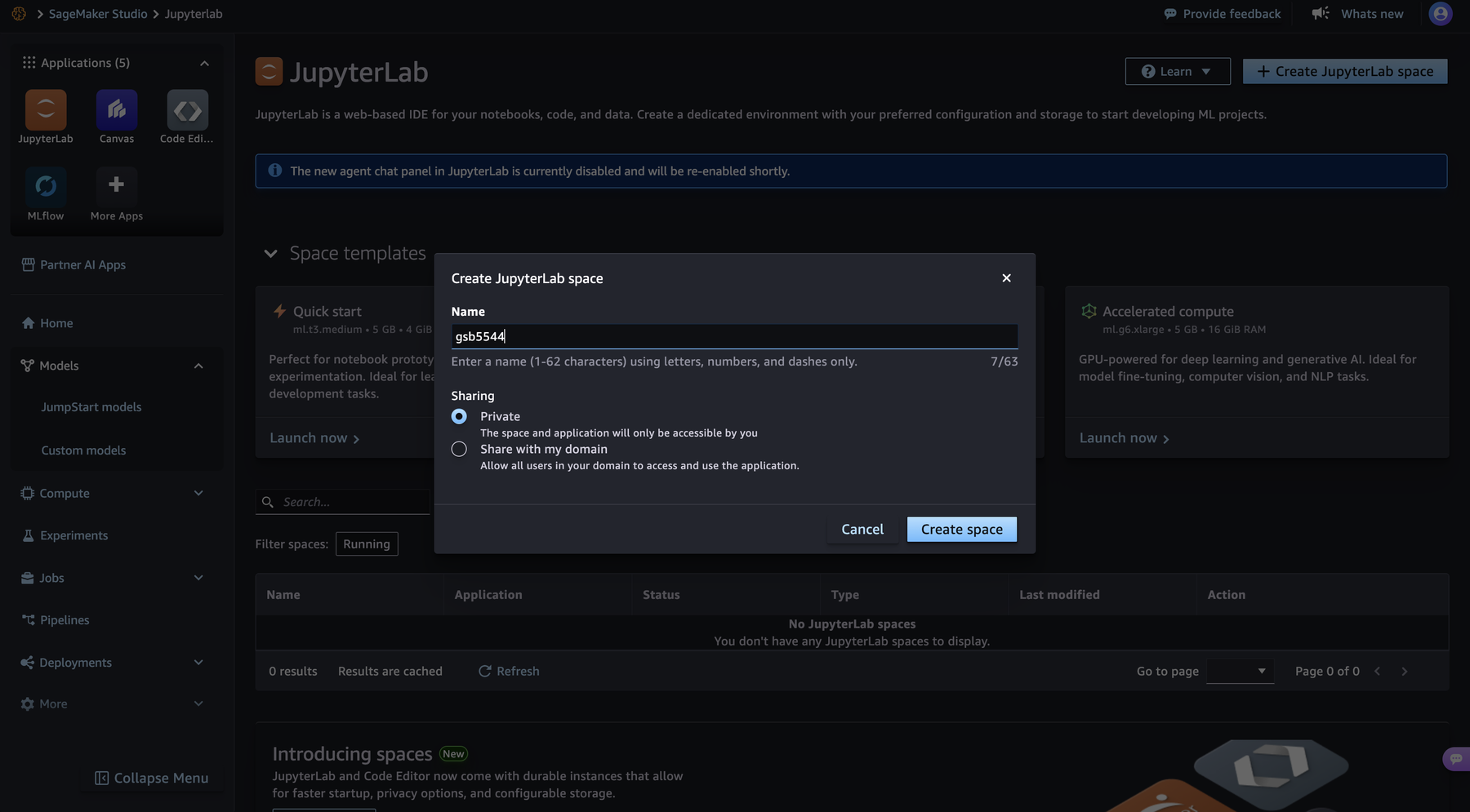 Create JupyterLab space dialog with Name set to gsb5544 and Sharing set to Private.