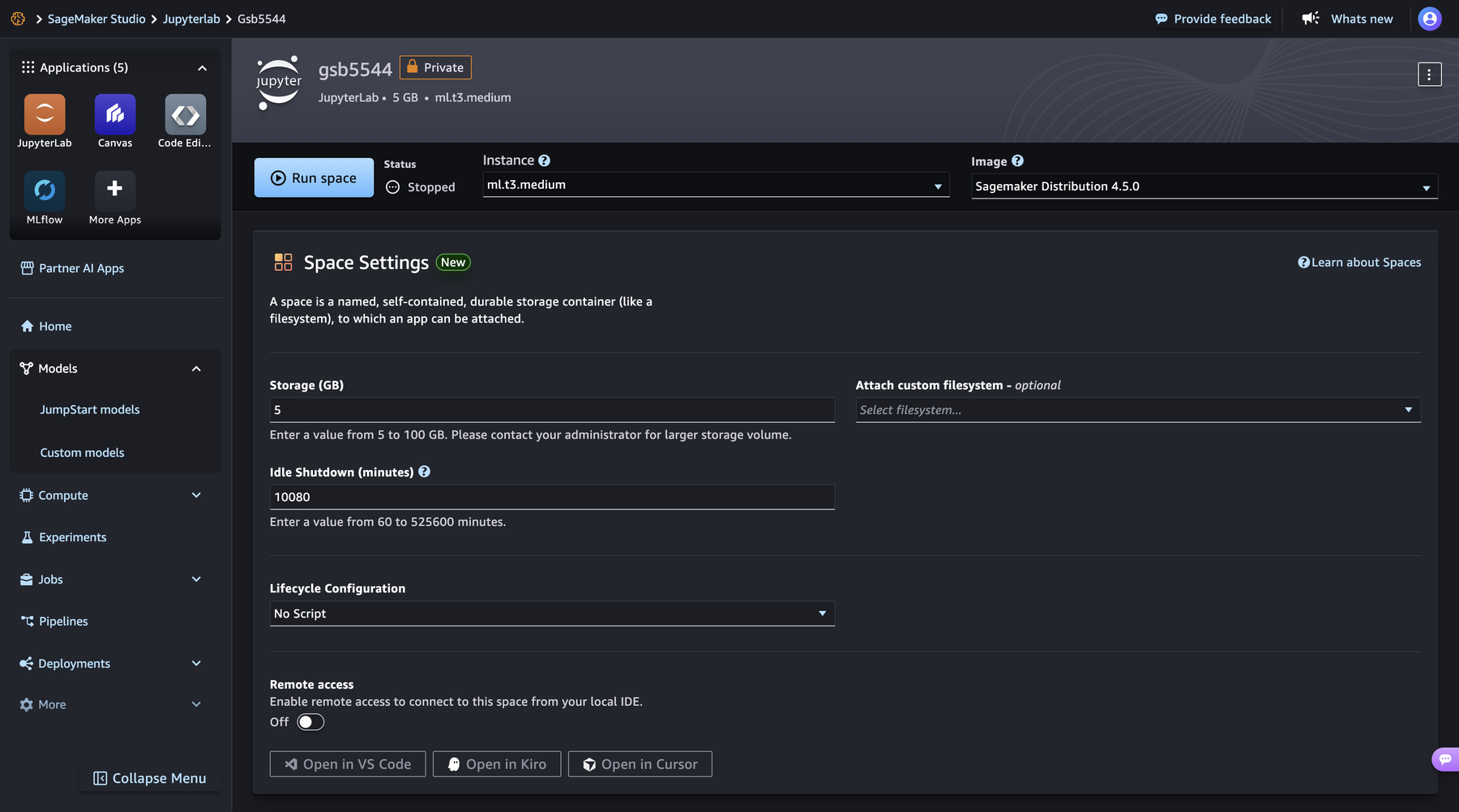 SageMaker Studio space page for gsb5544 showing a Run space button, status Stopped, Instance ml.t3.medium, Image Sagemaker Distribution 4.5.0, and space settings including Idle Shutdown of 10080 minutes.