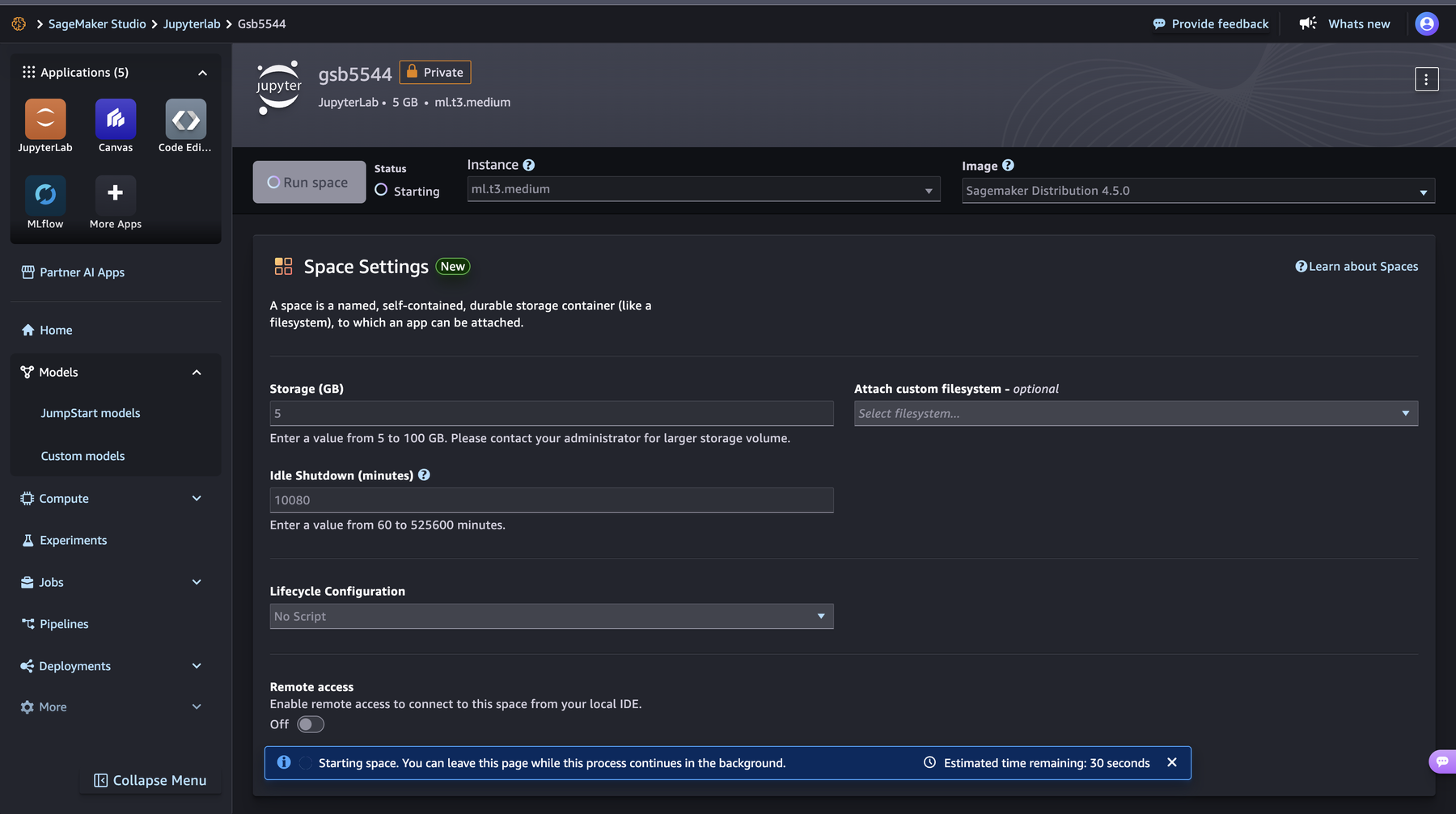 The gsb5544 space page with status Starting and a banner reading Starting space, estimated time remaining 30 seconds.