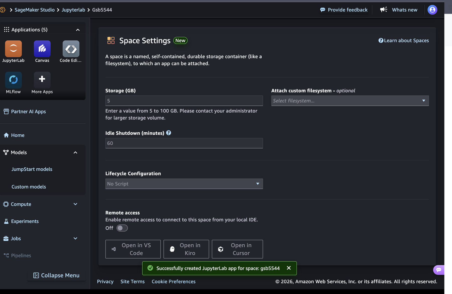 The Space Settings panel for gsb5544 with Idle Shutdown set to 60 minutes and a green message at the bottom reading Successfully created JupyterLab app for space: gsb5544.