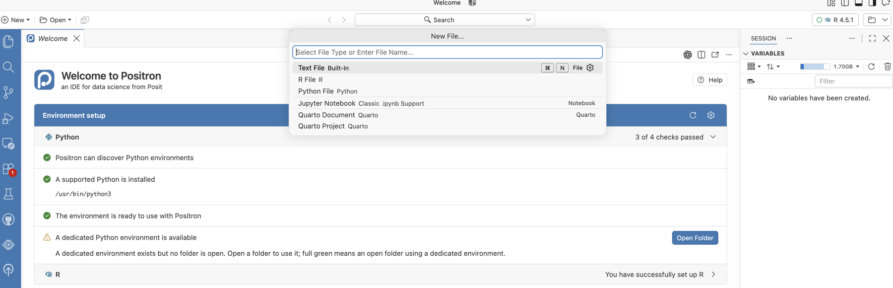 Positron Welcome page with the New File menu open, listing Text File, R File, Python File, Jupyter Notebook, Quarto Document and Quarto Project.
