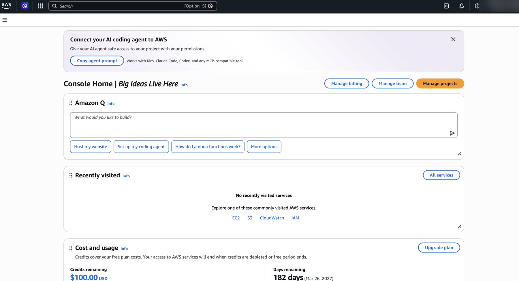 AWS Console Home showing the Amazon Q panel, an empty Recently visited panel, and a Cost and usage panel reading $100.00 credits remaining and 182 days remaining.